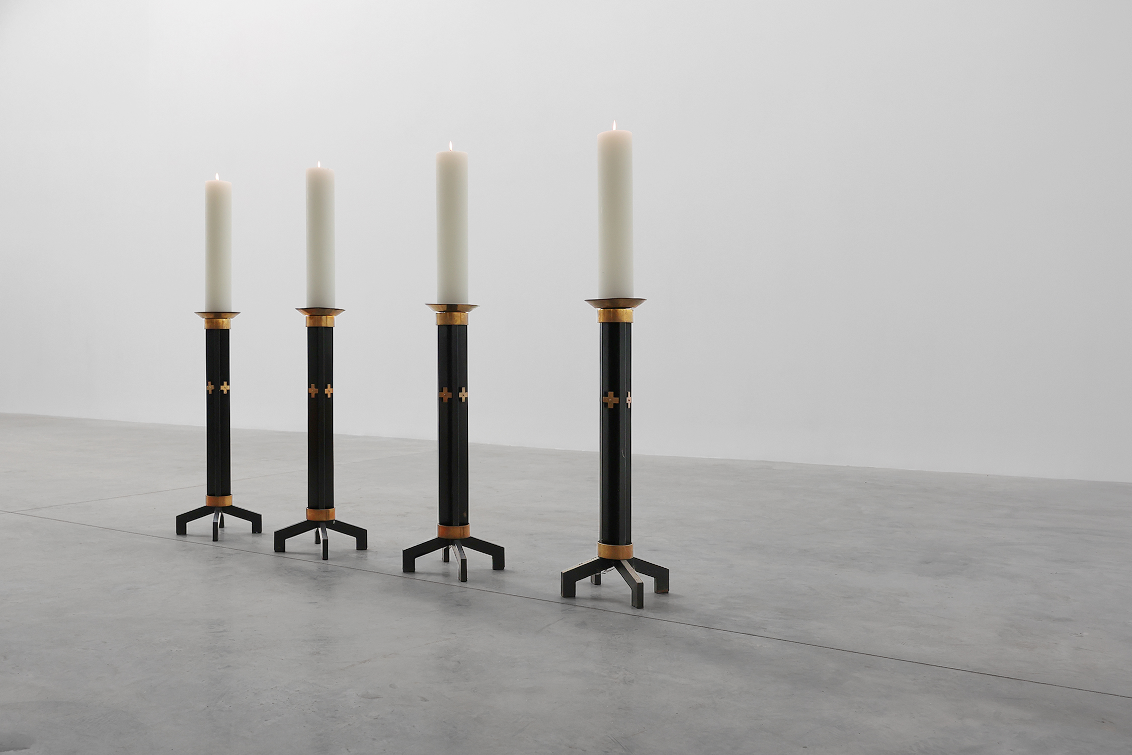 Rare set of 4 very large church candle sticks in black metal and copper, 1960sthumbnail